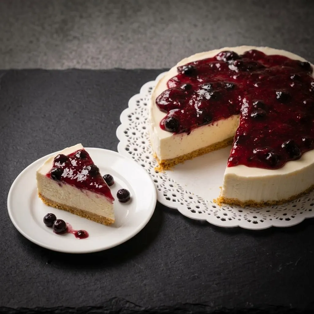 Porción de Cheesecake mostrando la base de vainilla, el relleno de queso crema y los frutos del bosque