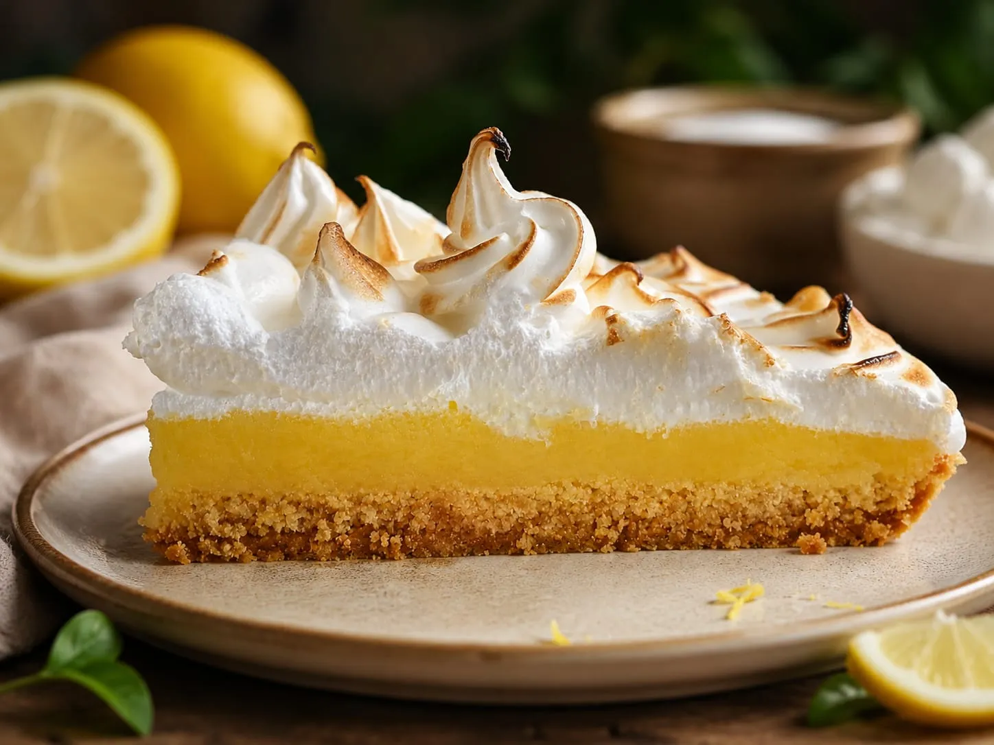 Porción de Lemon Pie cortada, con la base de masa frola, el limón y el merengue suizo flambeado