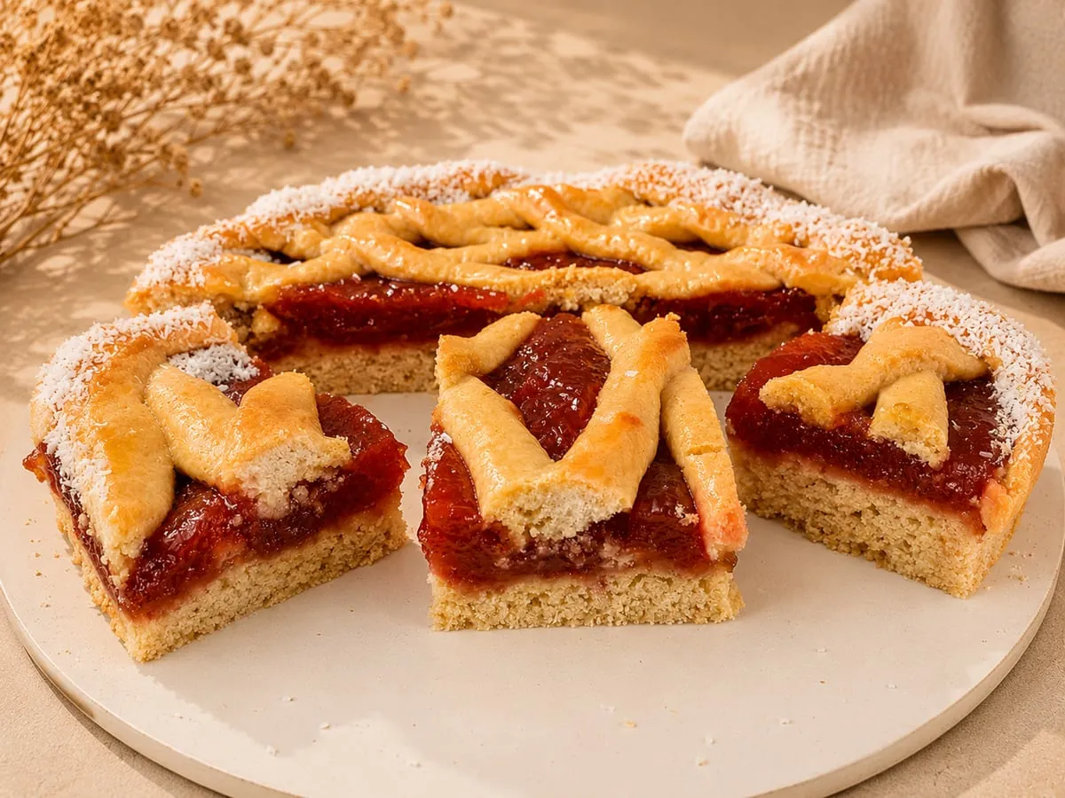 Porciones de Pastafrola cortadas, mostrando la masa, el dulce de membrillo y el borde de coco