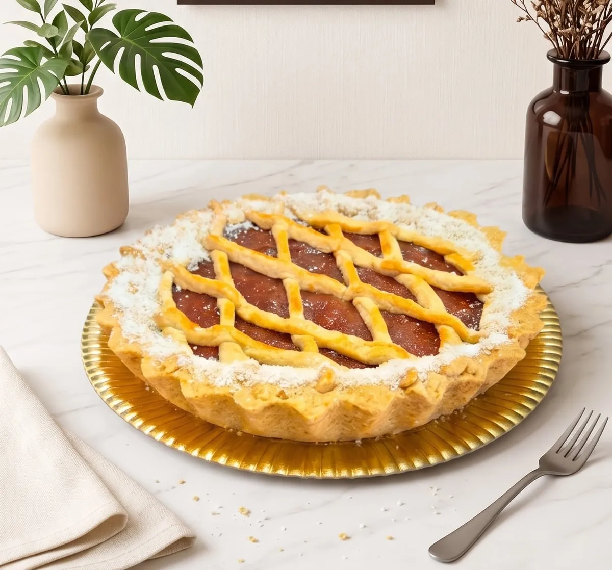 Pastafrola de membrillo de Practitortas en Villa Carlos Paz, con trama dorada y borde de coco
