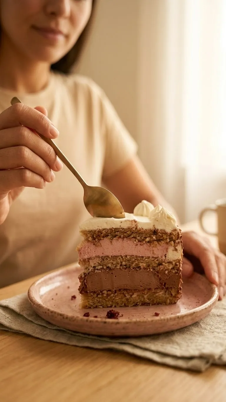 Porción de torta de Practitortas, con las capas de relleno a la vista, en Villa Carlos Paz