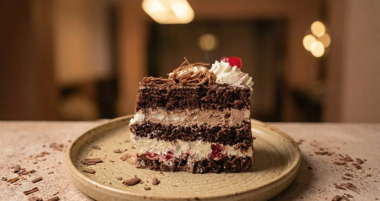 Selva Negra de Practitortas en Villa Carlos Paz, con cacao, chantilly y cerezas