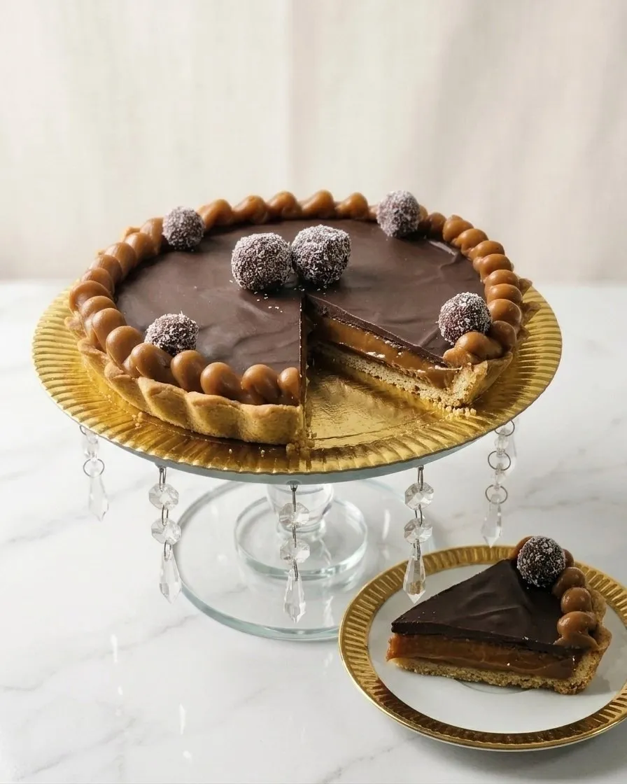 Porción de Tarta Tofi cortada, con la masa de frola y el borde de dulce de leche a la vista
