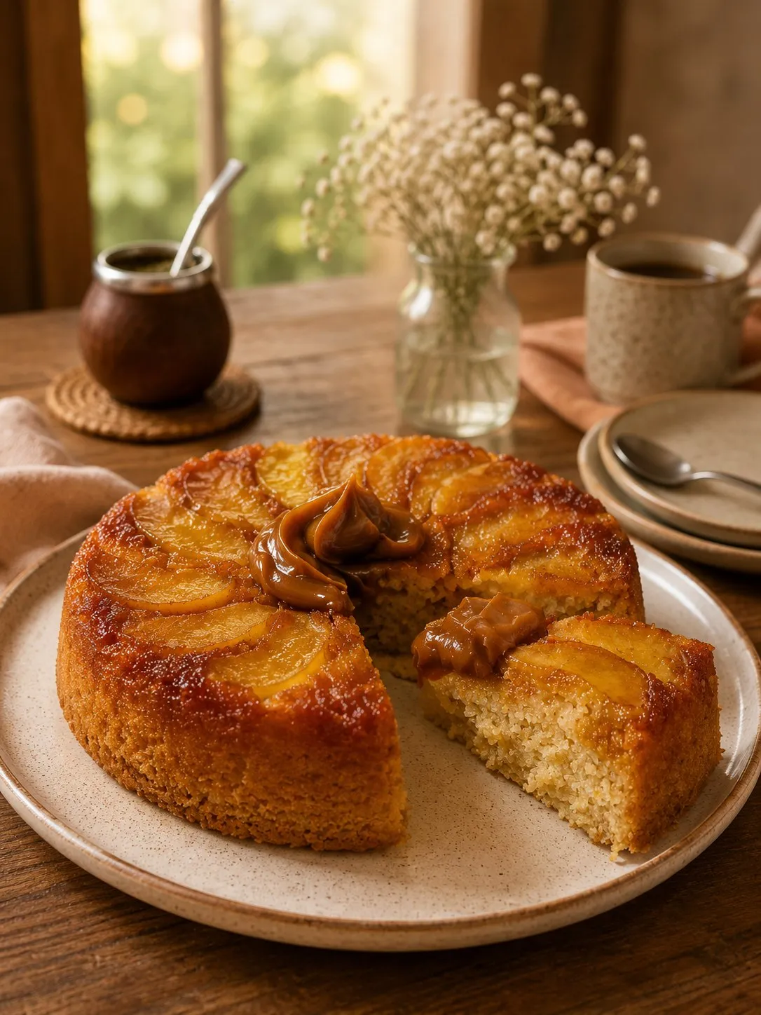 Porción de Torta Invertida de Frutas mostrando el bizcochuelo húmedo y la fruta caramelizada