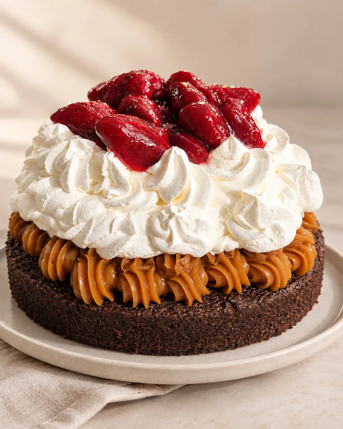 Torta Marquise de chocolate sobre base estilo brownie, con dulce de leche, crema y frutilla, en Villa Carlos Paz