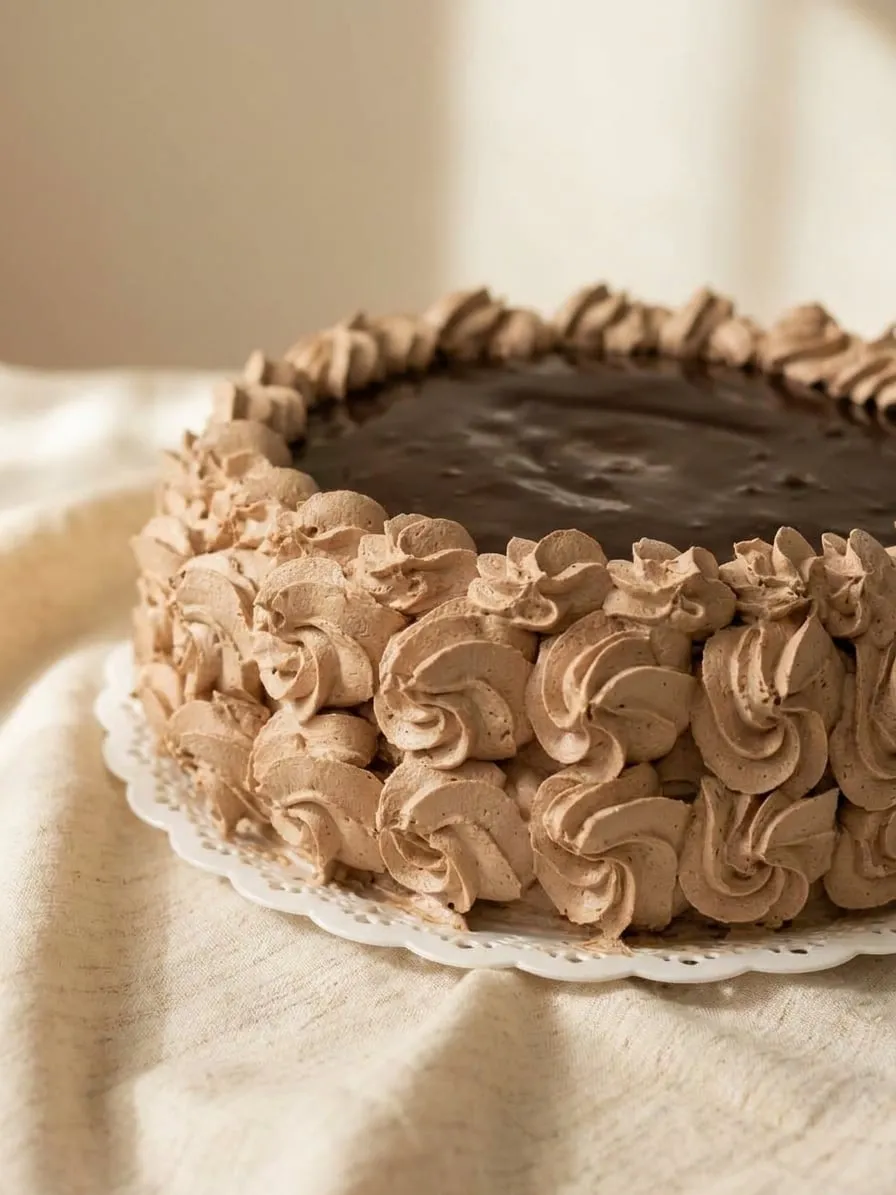 Torta Matilda de Practitortas en Villa Carlos Paz, con ganache de chocolate arriba y copos de mousse de chocolate en los costados