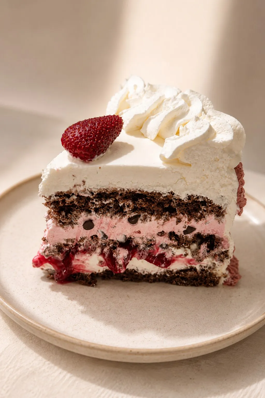 Porción de Torta Tentación de Frutilla mostrando el mousse y el bizcochuelo de chocolate